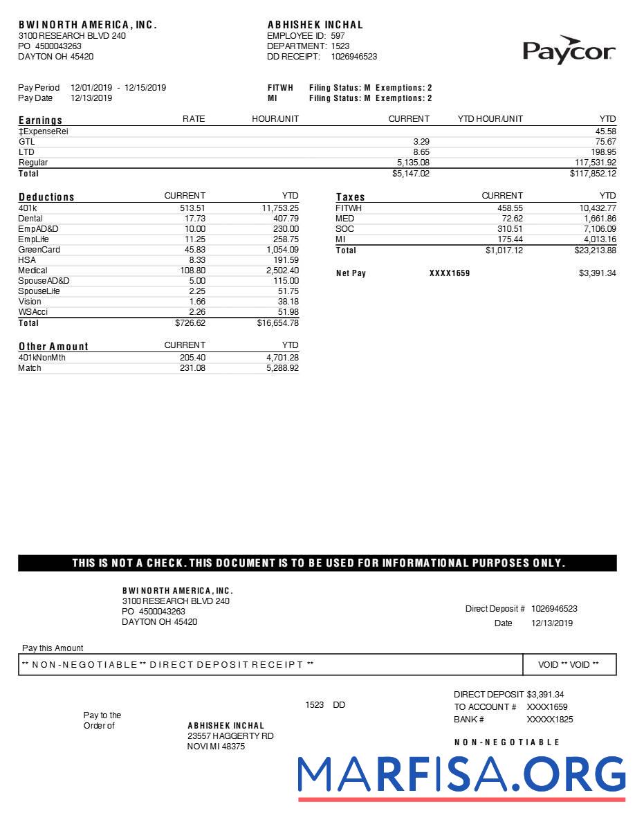 Blank Paycor BWI North America, INC. earnings statement template
